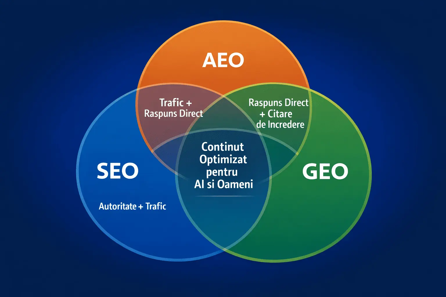 Infografic Diferenta si puncte comune SEO, AEO si GEO