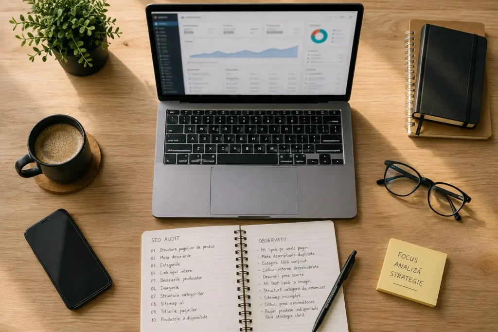 Workspace modern utilizat pentru un audit SEO al unui magazin online