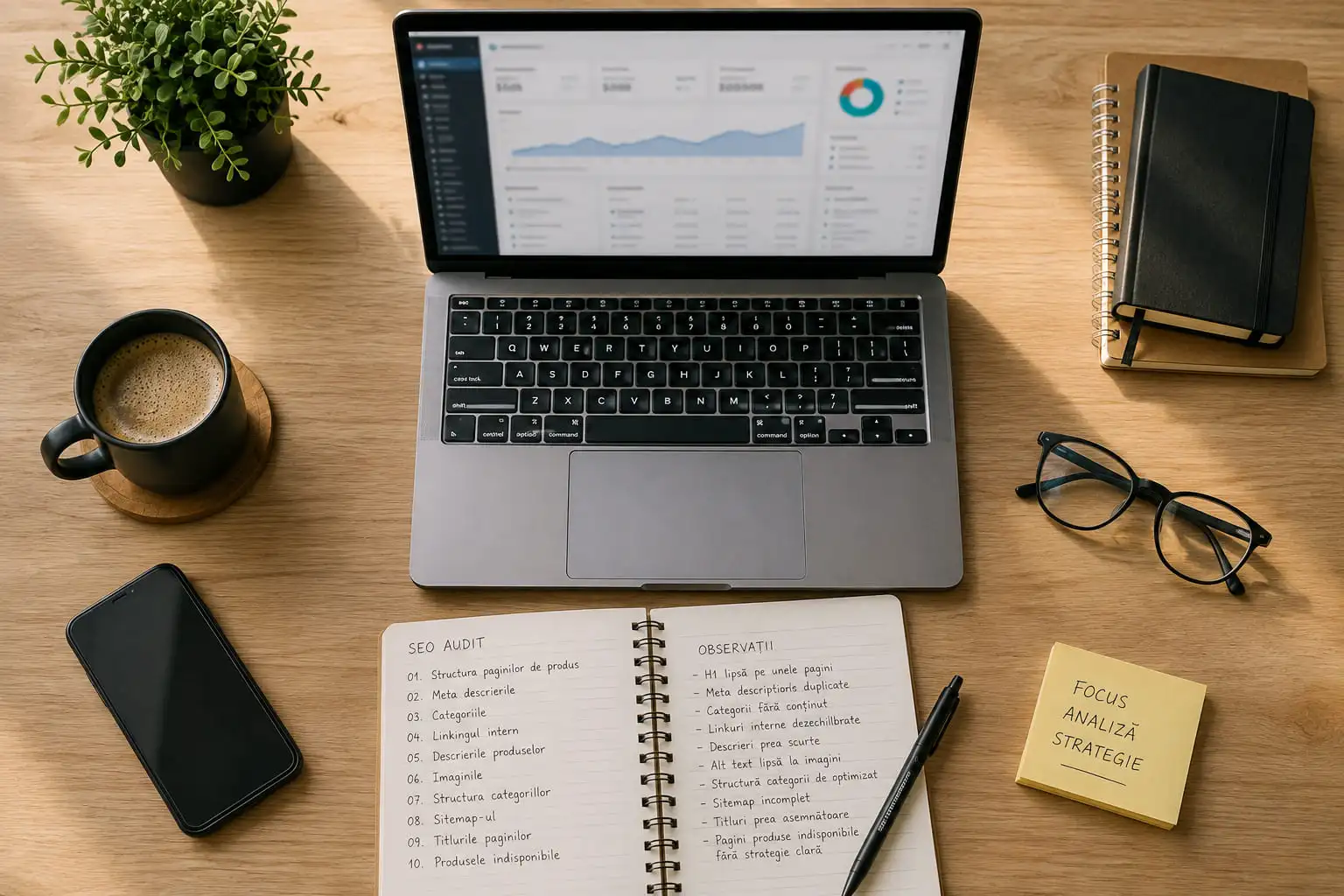 Workspace modern utilizat pentru un audit SEO al unui magazin online